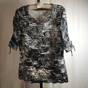 Snoskins Women's L Black White Top Paisley Print Ruched Short Sleeve Tunic Artsy